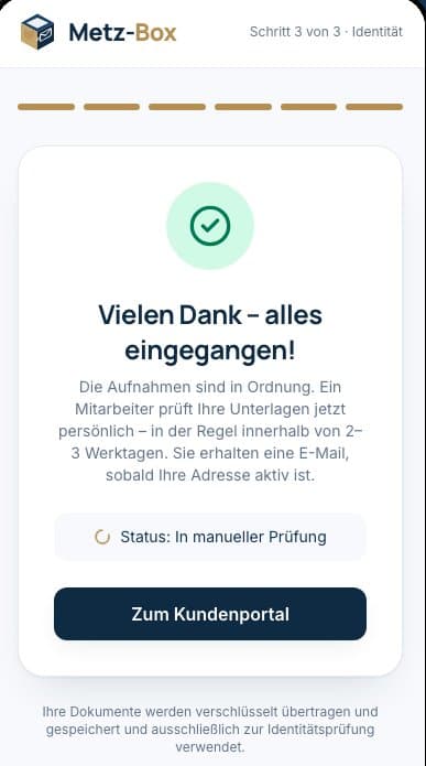 Identitätsprüfung am Smartphone im Metz-Box Portal